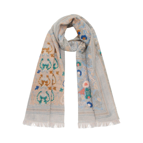 EMBROIDERED SCARF BEIGE PALE BLUE