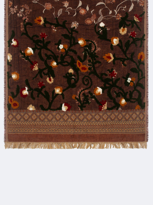 SOFT COTTON EMBROIDERED FLORAL SCARF - BROWN