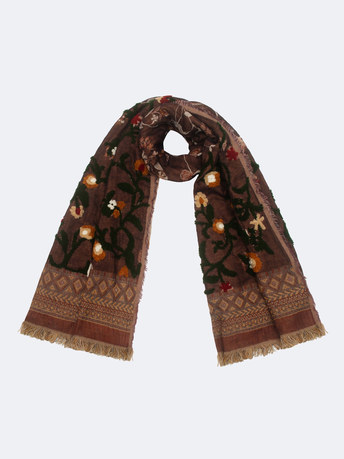 SOFT COTTON EMBROIDERED FLORAL SCARF - BROWN