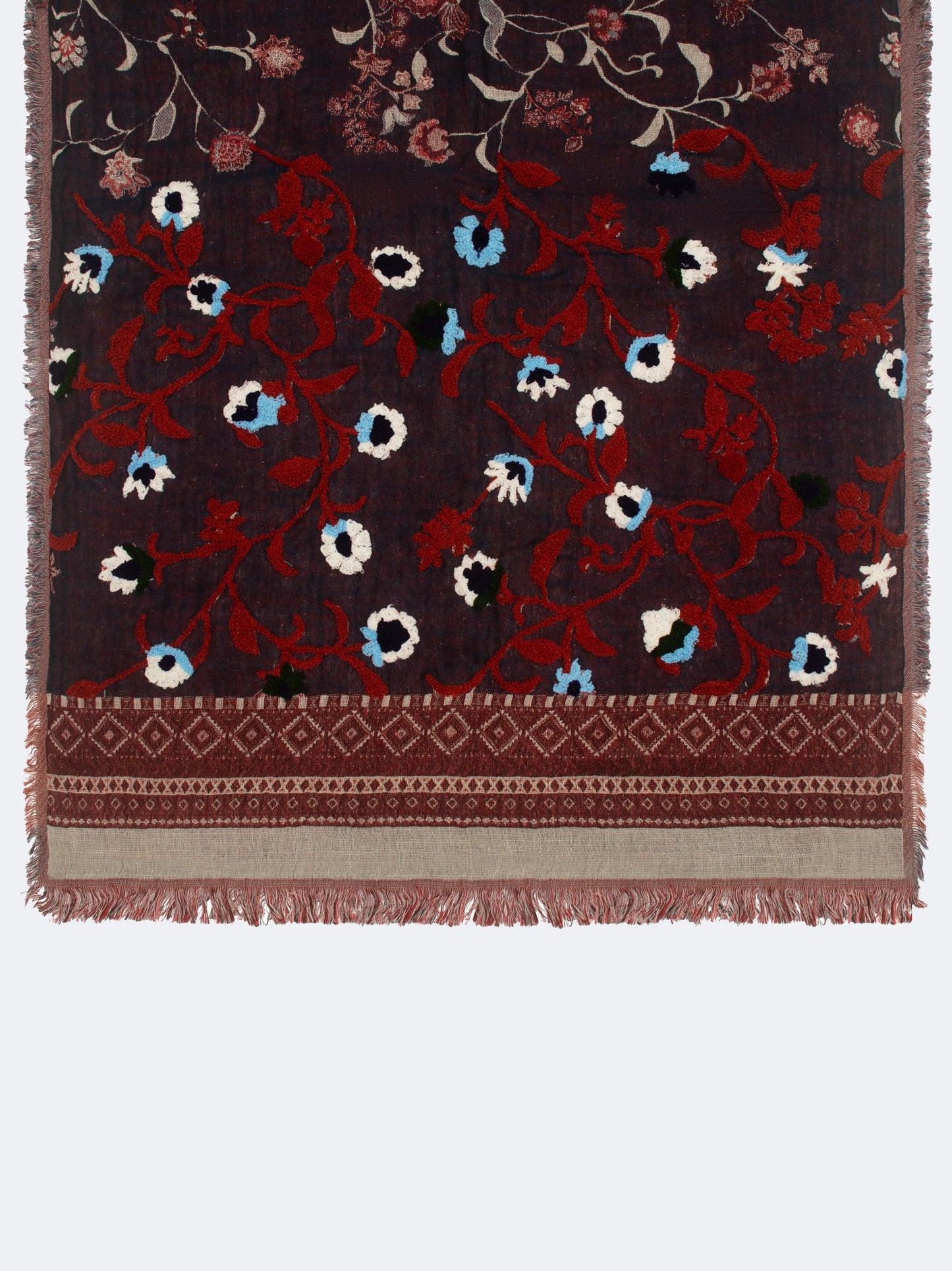 SOFT COTTON EMBROIDERED FLORAL SCARF - NAVY