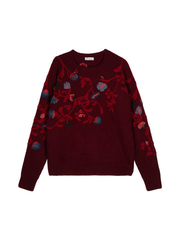 EMBROIDERED FLORAL CREWNECK KNIT BURGUNDY