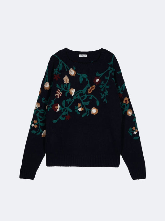 EMBROIDERED FLORAL CREWNECK KNIT NAVY