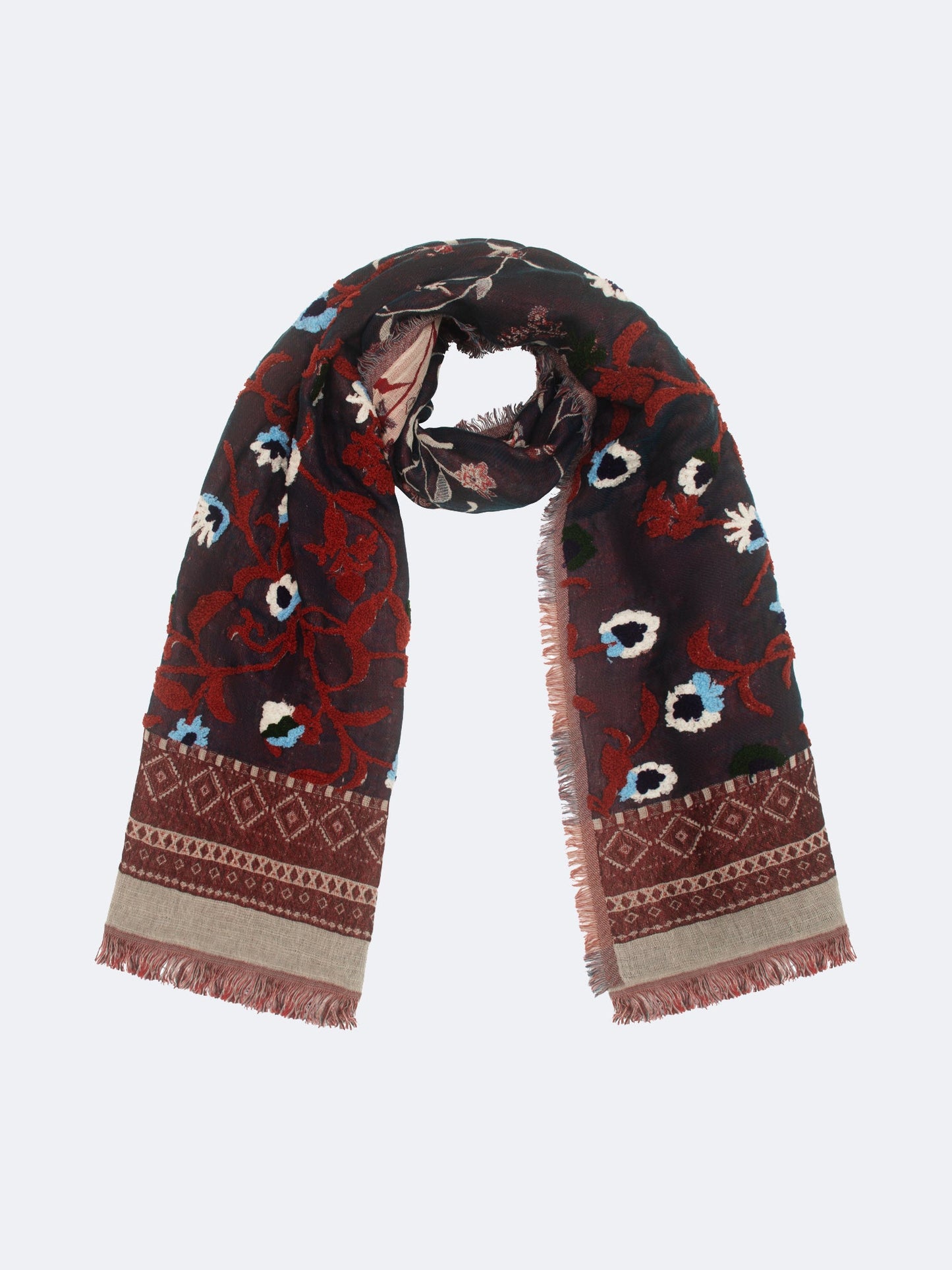 SOFT COTTON EMBROIDERED FLORAL SCARF - NAVY