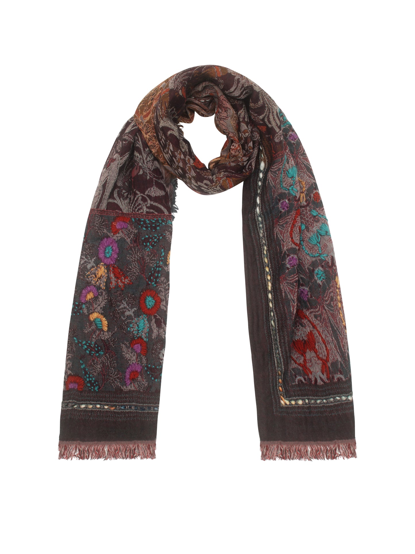 EMBROIDERED SCARF TEAL BROWN