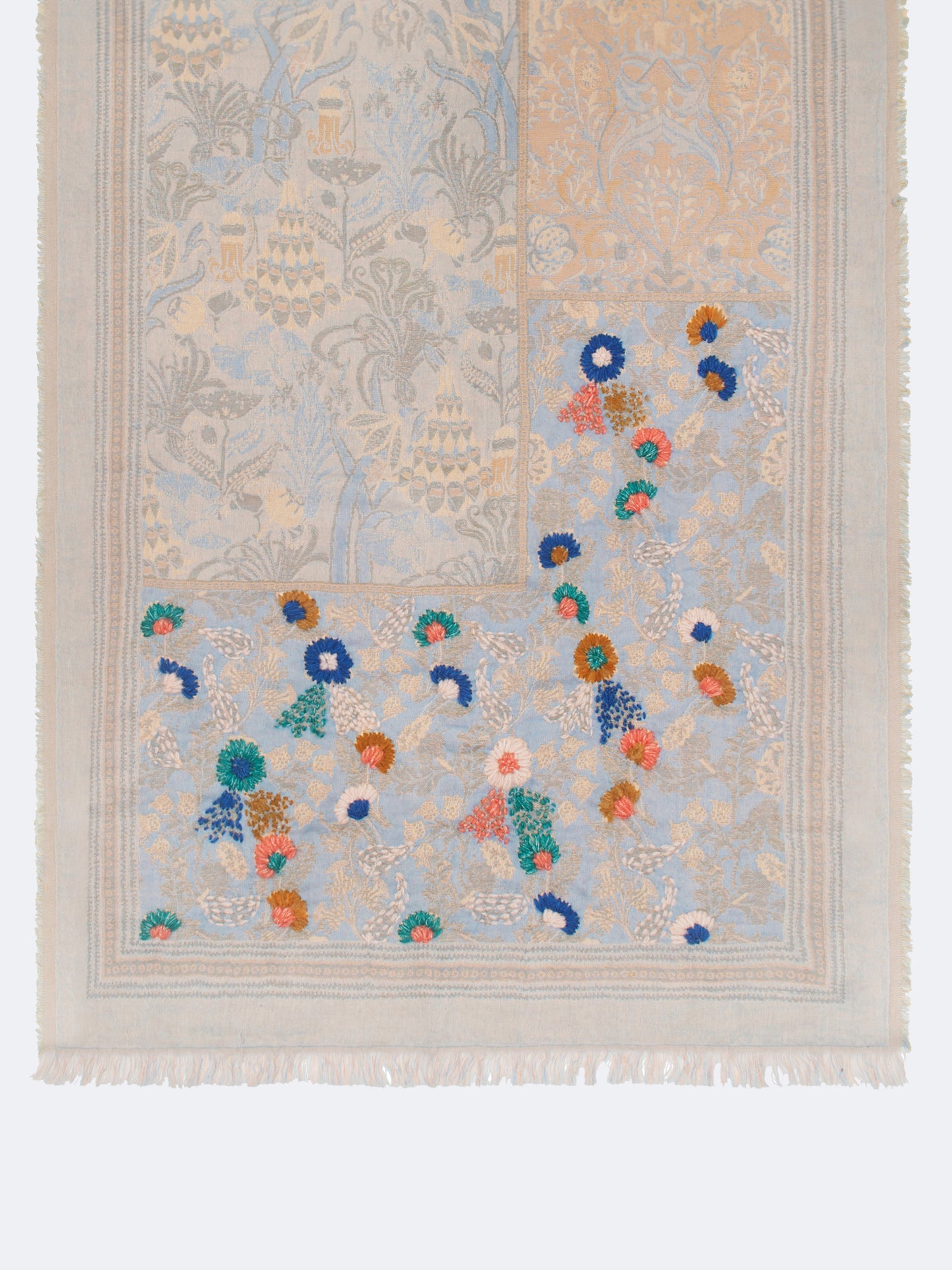 EMBROIDERED FLORAL SCARF - POWDER BLUE/BEIGE