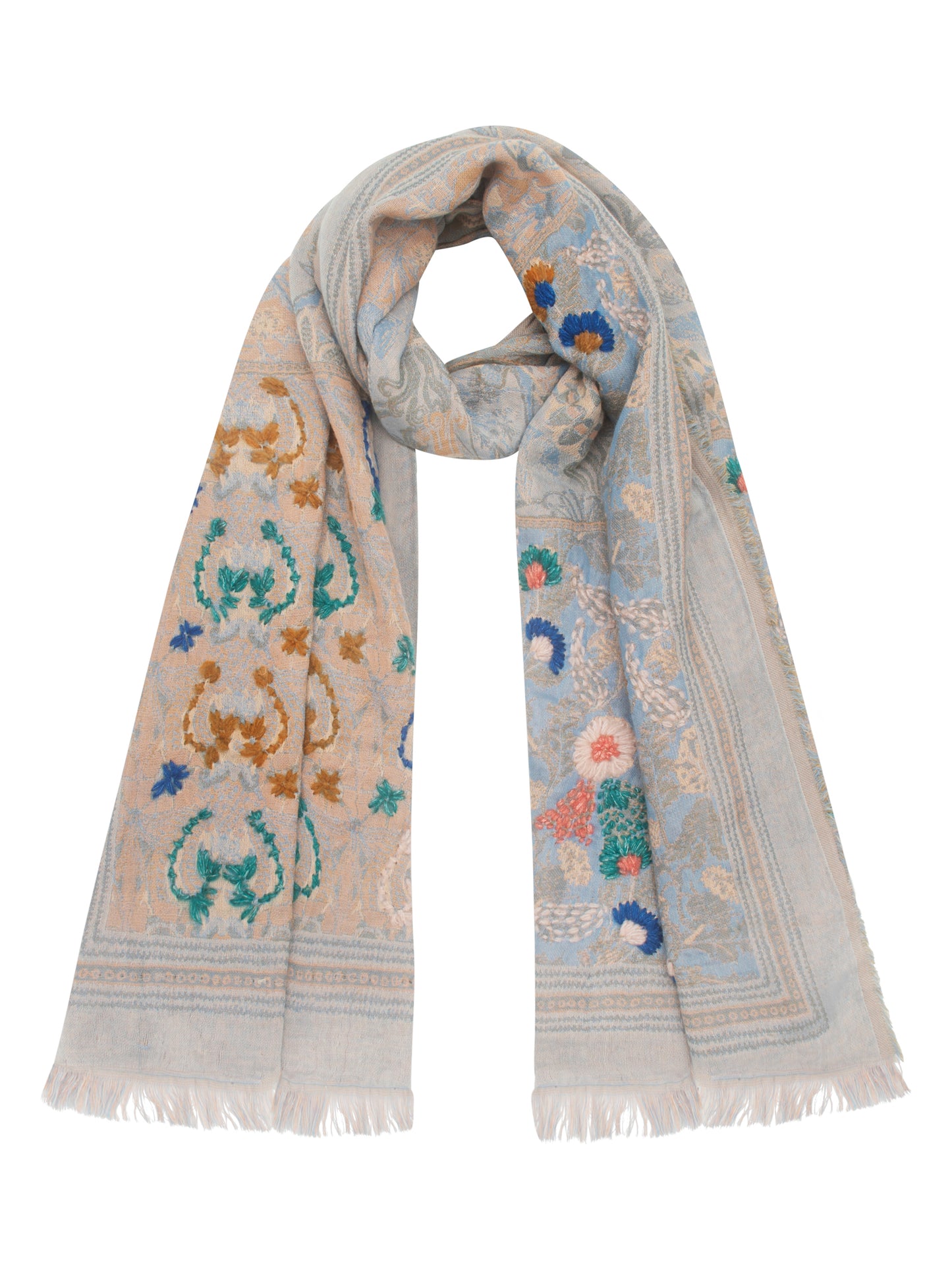 EMBROIDERED SCARF BEIGE PALE BLUE