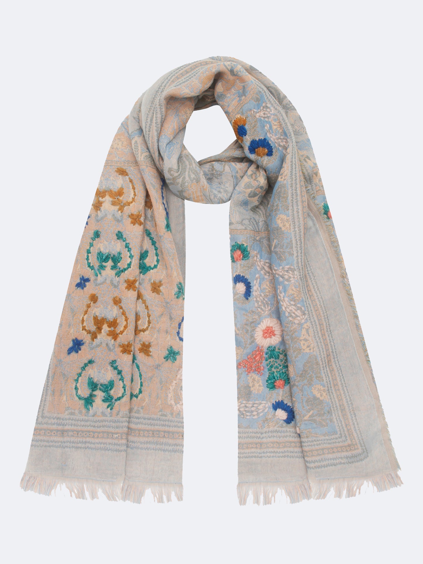 EMBROIDERED FLORAL SCARF - POWDER BLUE/BEIGE