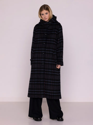 HOODED WOOL COAT CHECK MULTI